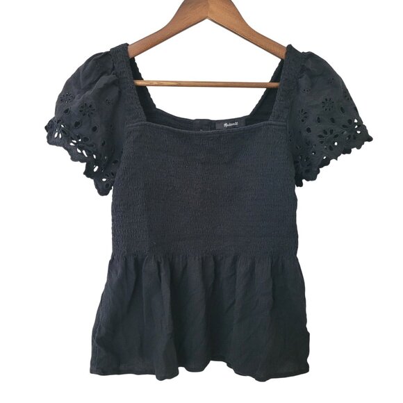 Madewell Tops - Madewell Black Eyelet Sleeve Lucie Smocked Peplum Top Size XS Boho Cottagecore